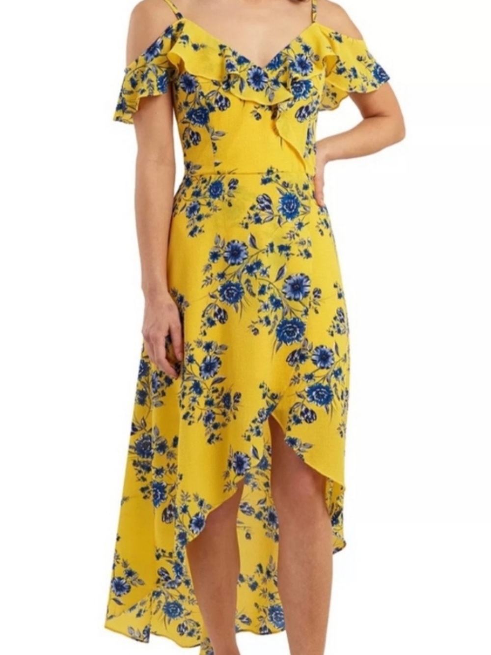 BCX Yellow & Blue Floral High-Low Cold-Shoulder Dress